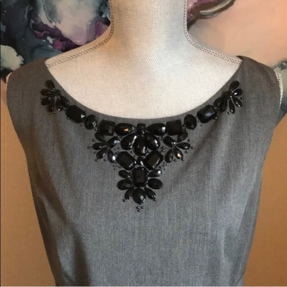 Halogen grey dress with black beading around neckline